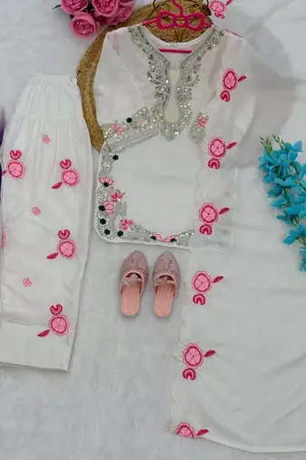 White natural crepe embroidery sequence work girls kids dress set