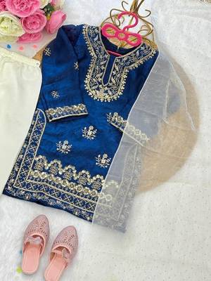 Blue fendi silk embroidery cording sequence work for girls kids dress set 6