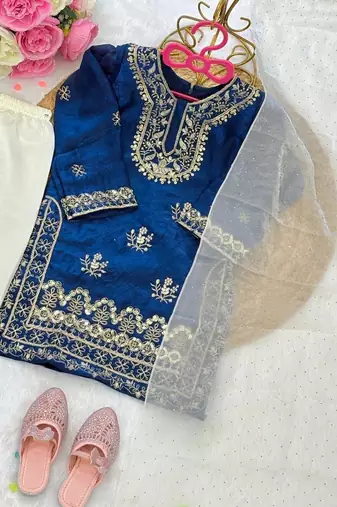 Blue fendi silk embroidery cording sequence work for girls kids dress set