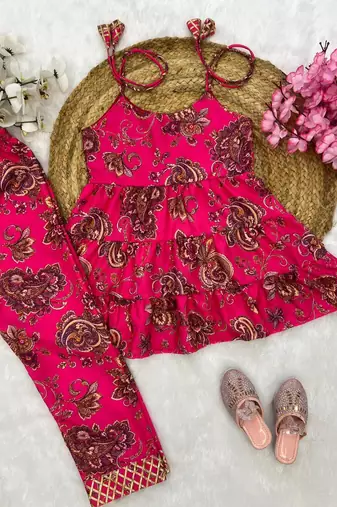 Magenta poly rayon paisley digital printed set for girls kid
