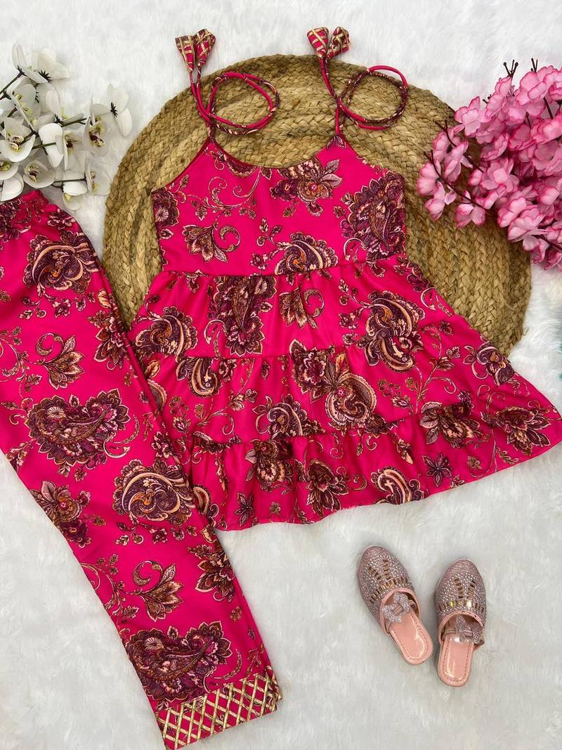 Magenta poly rayon paisley digital printed set for girls kid