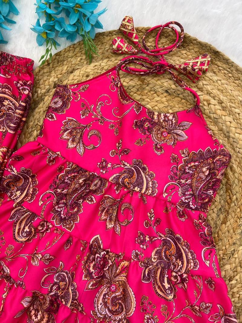 Magenta poly rayon paisley digital printed set for girls kid