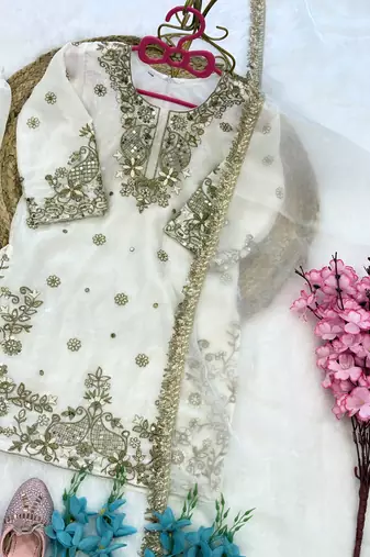 White fendi silk rich embroidery with sequence work dress set for girls kids
