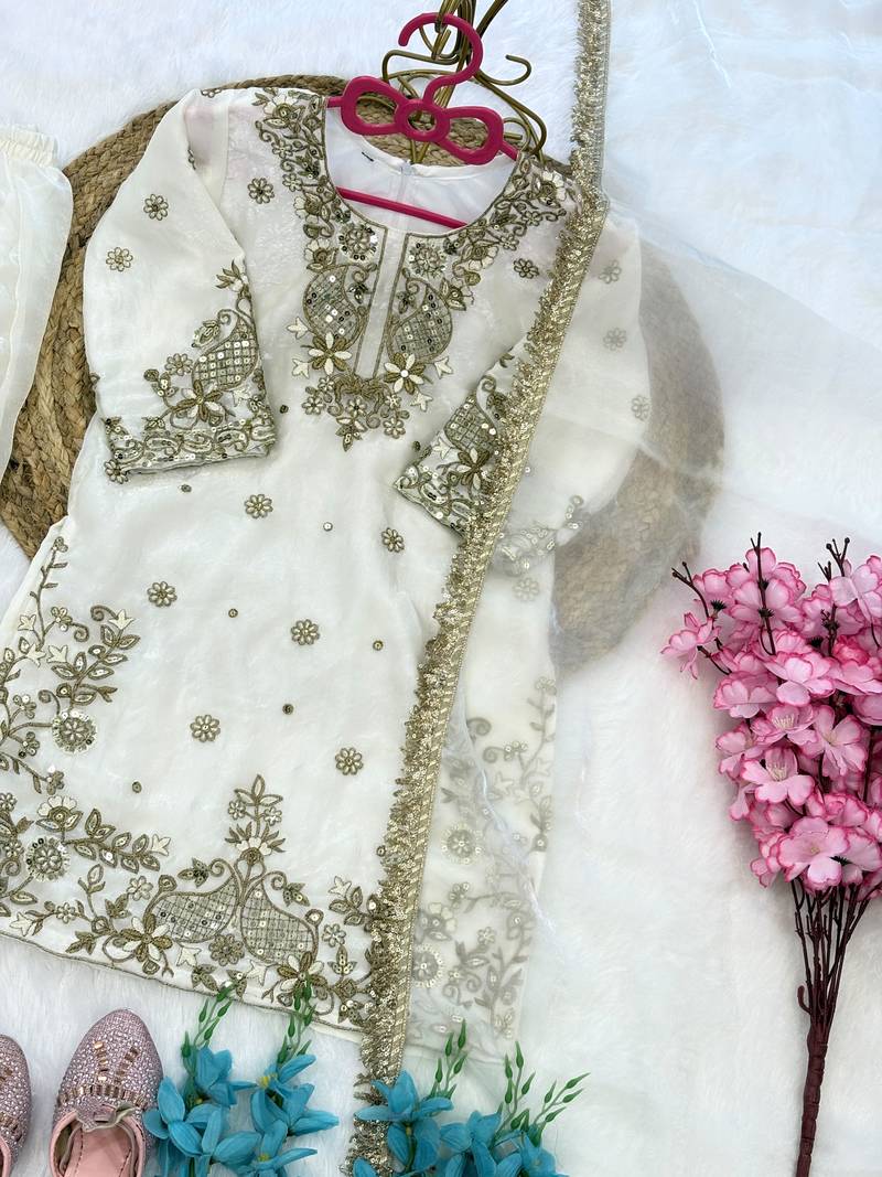 White fendi silk rich embroidery with sequence work dress set for girls kids