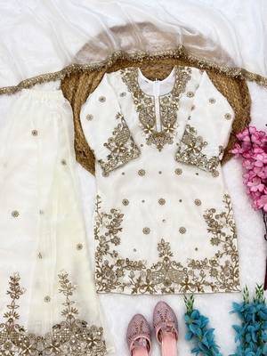 White fendi silk rich embroidery with sequence work dress set for girls kids 7