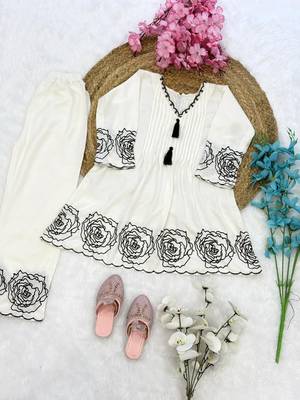 White soft rayon floral thread embroidery pattern work dress set for girls kids 6
