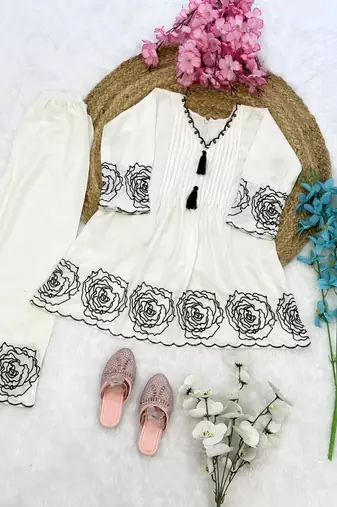 White soft rayon floral thread embroidery pattern work dress set for girls kids