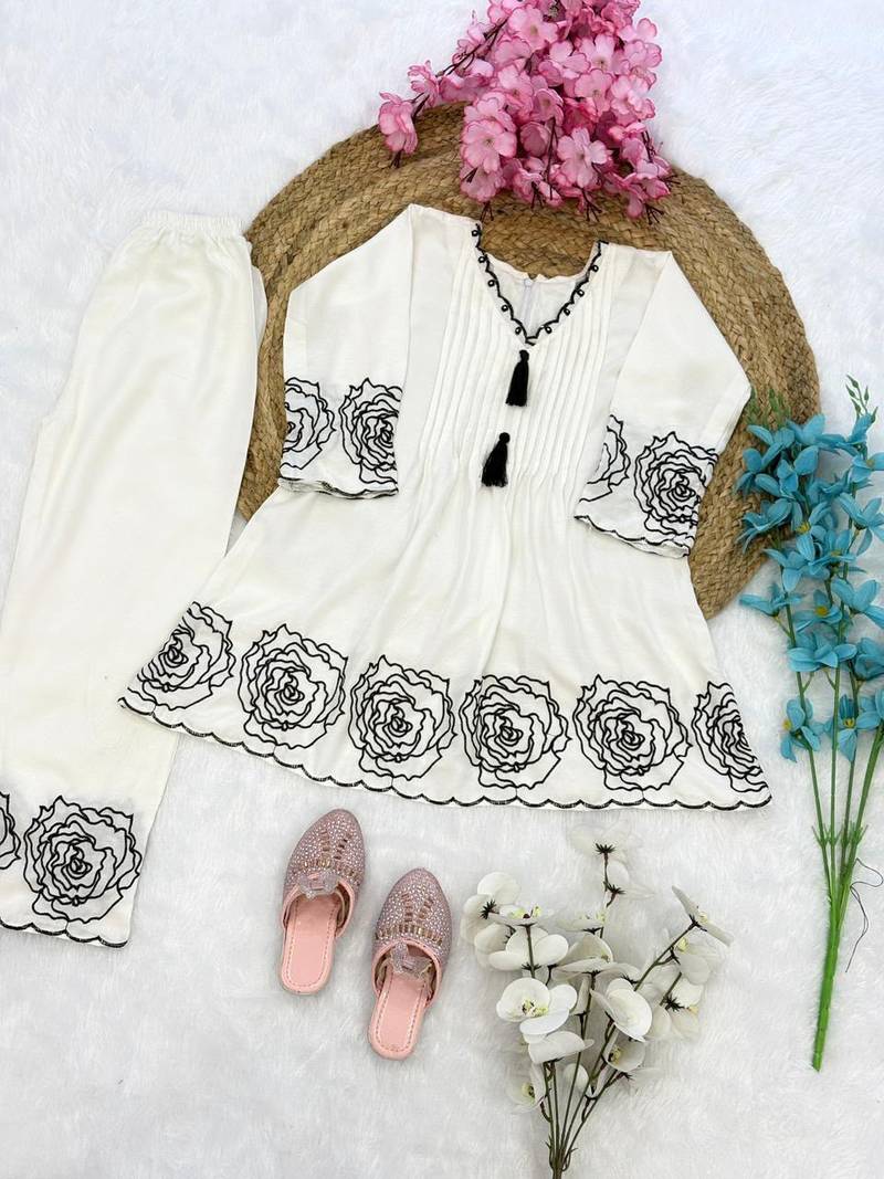 White soft rayon floral thread embroidery pattern work dress set for girls kids