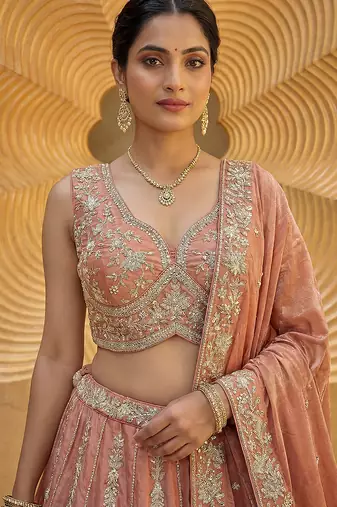 Women's Rust Chiffon Beads with Embroidered Lehenga Choli with Dupatta