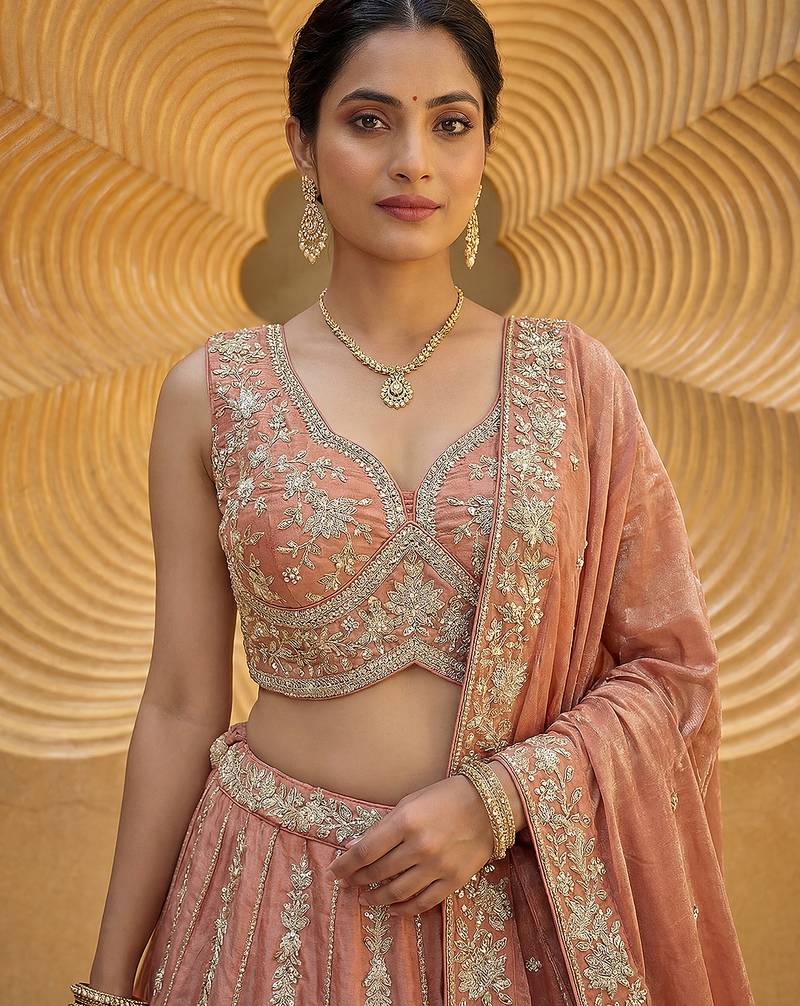 Women's Rust Chiffon Beads with Embroidered Lehenga Choli with Dupatta