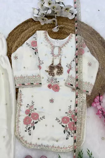 White japan satin rich embroidery with sequence work dress set for girls kids