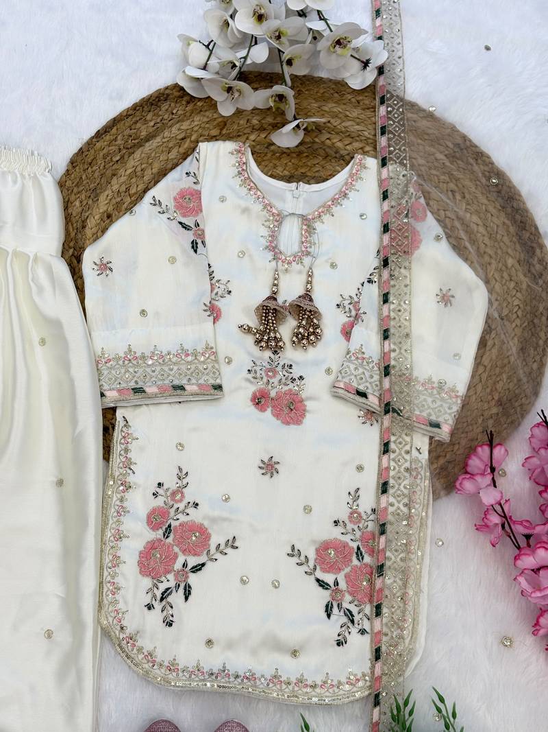 White japan satin rich embroidery with sequence work dress set for girls kids