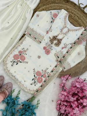 White japan satin rich embroidery with sequence work dress set for girls kids 7