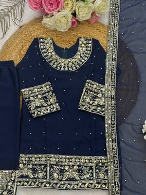 Navy blue faux georgette rich embroidery with sequence work dress set for girls kids 6