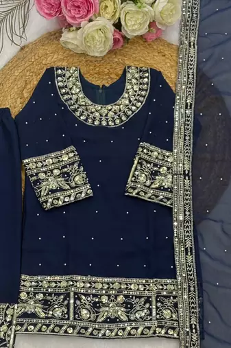 Navy blue faux georgette rich embroidery with sequence work dress set for girls kids