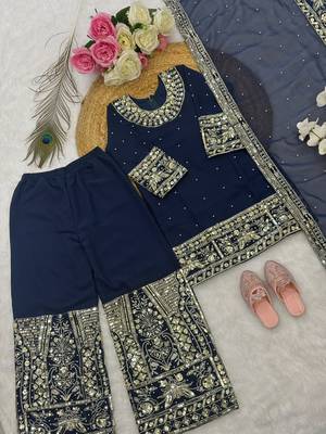 Navy blue faux georgette rich embroidery with sequence work dress set for girls kids 7