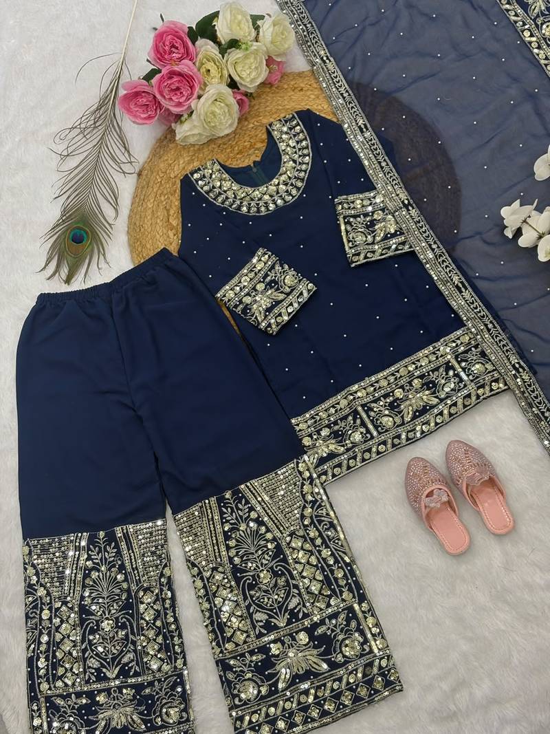 Navy blue faux georgette rich embroidery with sequence work dress set for girls kids