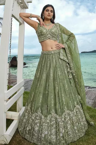 Women's Pista Chiffon Beads with Embroidered Lehenga Choli with Dupatta