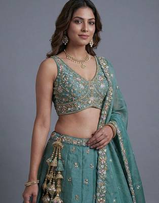 Women's Sea green Tissue Beads with Embroidered Lehenga Choli with Dupatta 2