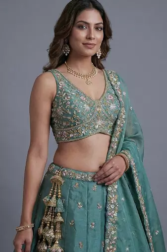 Women's Sea green Tissue Beads with Embroidered Lehenga Choli with Dupatta