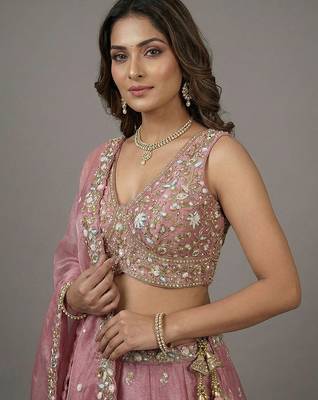 Women's Pink Tissue Beads with Embroidered Lehenga Choli with Dupatta 2