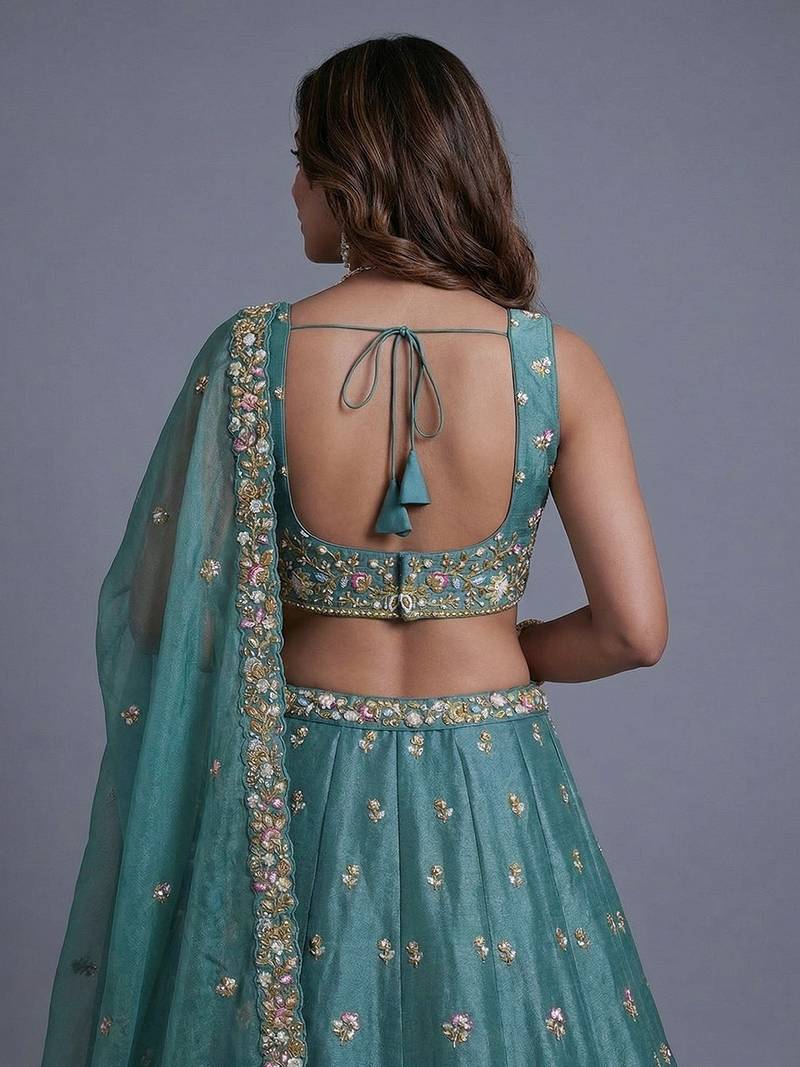 Women's Sea green Tissue Beads with Embroidered Lehenga Choli with Dupatta