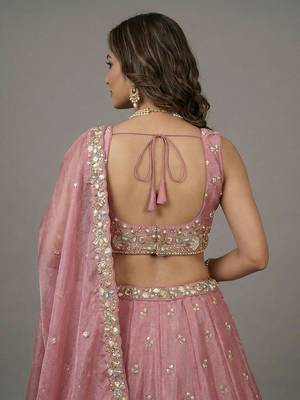 Women's Pink Tissue Beads with Embroidered Lehenga Choli with Dupatta 3