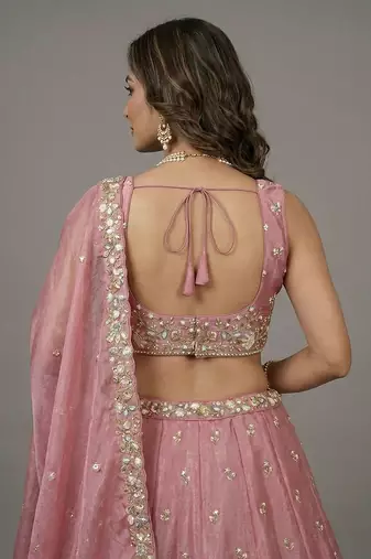 Women's Pink Tissue Beads with Embroidered Lehenga Choli with Dupatta