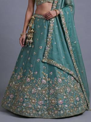Women's Sea green Tissue Beads with Embroidered Lehenga Choli with Dupatta 4