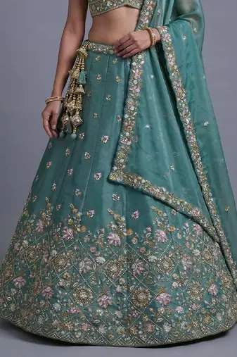 Women's Sea green Tissue Beads with Embroidered Lehenga Choli with Dupatta