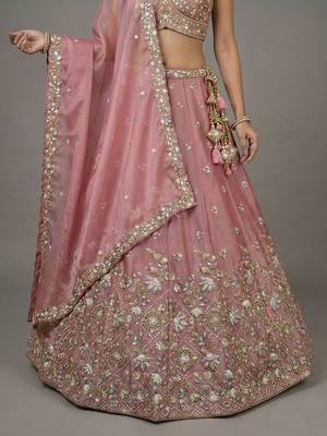 Women's Pink Tissue Beads with Embroidered Lehenga Choli with Dupatta 4