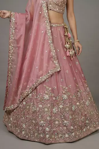 Women's Pink Tissue Beads with Embroidered Lehenga Choli with Dupatta