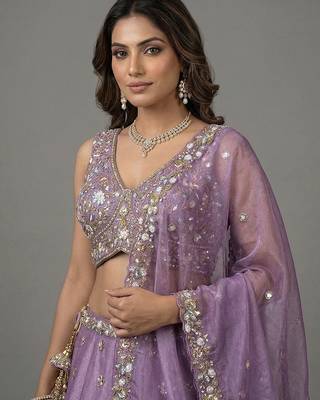 Women's Lavender Tissue Beads with Embroidered Lehenga Choli with Dupatta 2