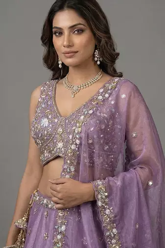 Women's Lavender Tissue Beads with Embroidered Lehenga Choli with Dupatta