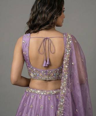Women's Lavender Tissue Beads with Embroidered Lehenga Choli with Dupatta 3