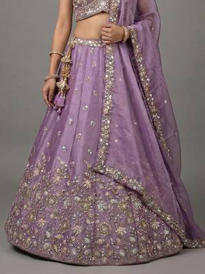 Women's Lavender Tissue Beads with Embroidered Lehenga Choli with Dupatta 4