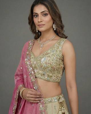 Women's Beige & Pink Tissue Beads with Embroidered Lehenga Choli with Dupatta 2