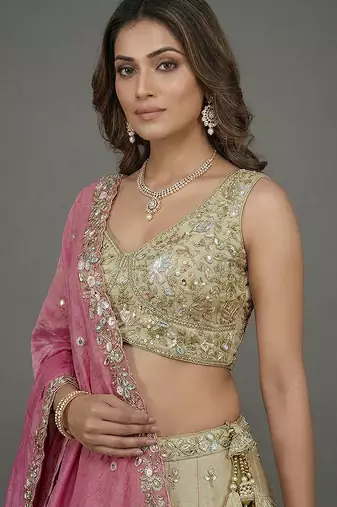 Women's Beige & Pink Tissue Beads with Embroidered Lehenga Choli with Dupatta