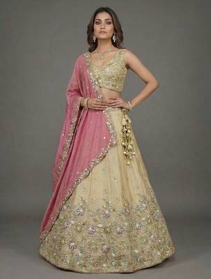 Women's Beige & Pink Tissue Beads with Embroidered Lehenga Choli with Dupatta 1