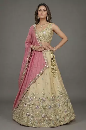 Women's Beige & Pink Tissue Beads with Embroidered Lehenga Choli with Dupatta
