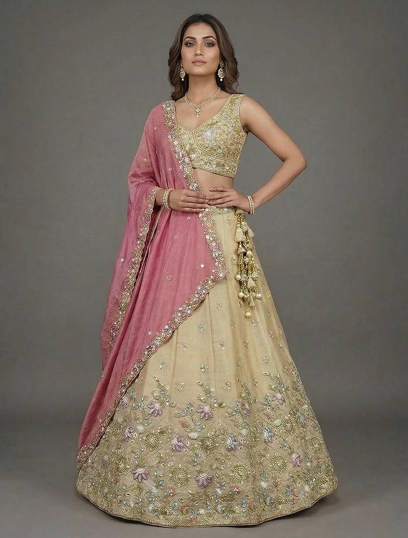 Women's Beige & Pink Tissue Beads with Embroidered Lehenga Choli with Dupatta