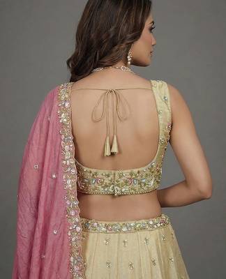 Women's Beige & Pink Tissue Beads with Embroidered Lehenga Choli with Dupatta 3