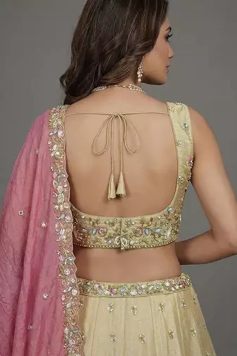 Women's Beige & Pink Tissue Beads with Embroidered Lehenga Choli with Dupatta