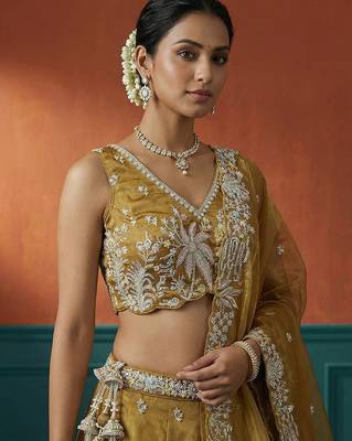 Women's Mustard Tissue Moti with Embroidered Lehenga Choli with Dupatta 2