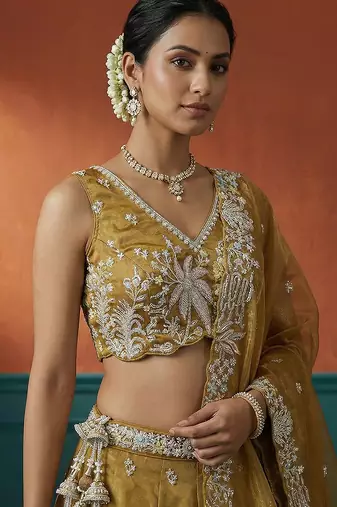 Women's Mustard Tissue Moti with Embroidered Lehenga Choli with Dupatta