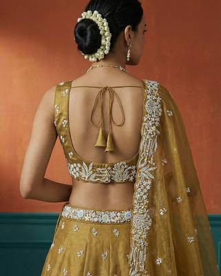 Women's Mustard Tissue Moti with Embroidered Lehenga Choli with Dupatta 3