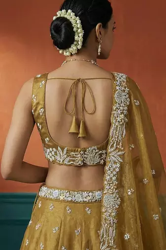 Women's Mustard Tissue Moti with Embroidered Lehenga Choli with Dupatta