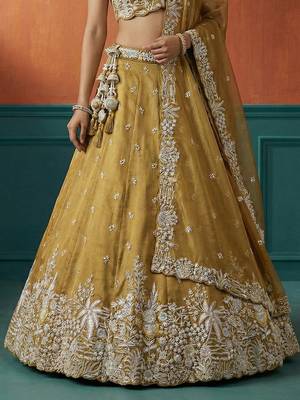 Women's Mustard Tissue Moti with Embroidered Lehenga Choli with Dupatta 4