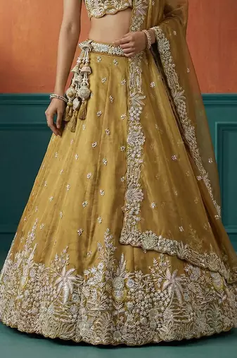 Women's Mustard Tissue Moti with Embroidered Lehenga Choli with Dupatta