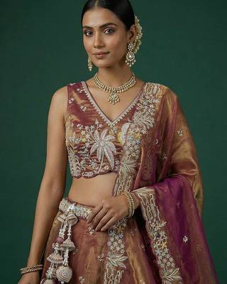 Women's Copper Brown Tissue Moti with Embroidered Lehenga Choli with Dupatta 2